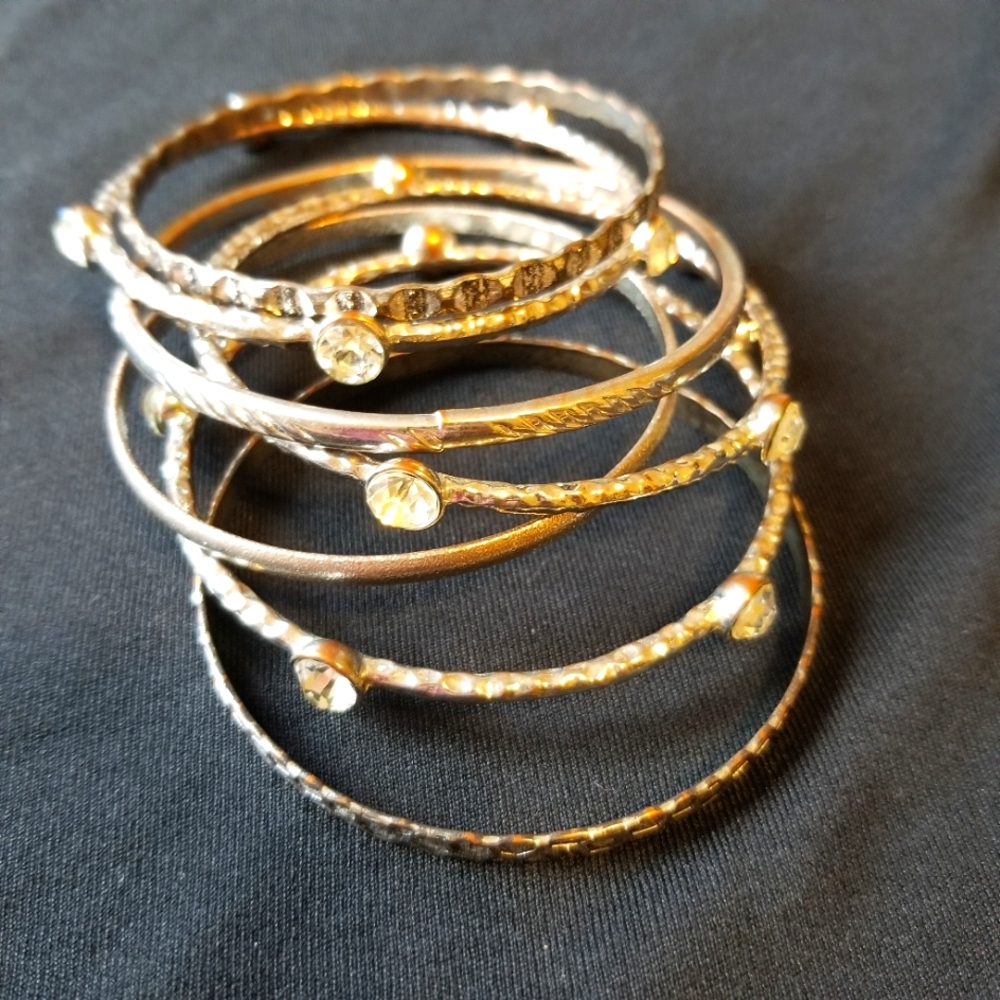 Silver Bronze Toned Rhinestone Textured 6 Count Bangled Bracelets